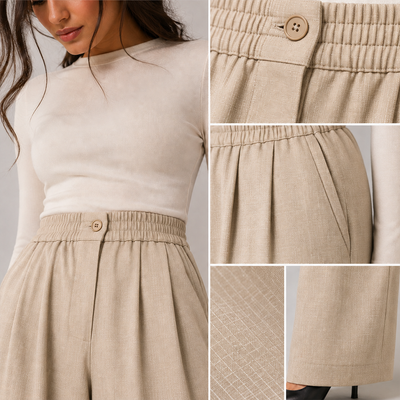 Pleated Wide-Leg Trousers - Beige