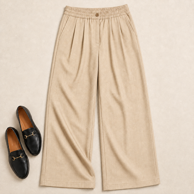 Pleated Wide-Leg Trousers - Beige