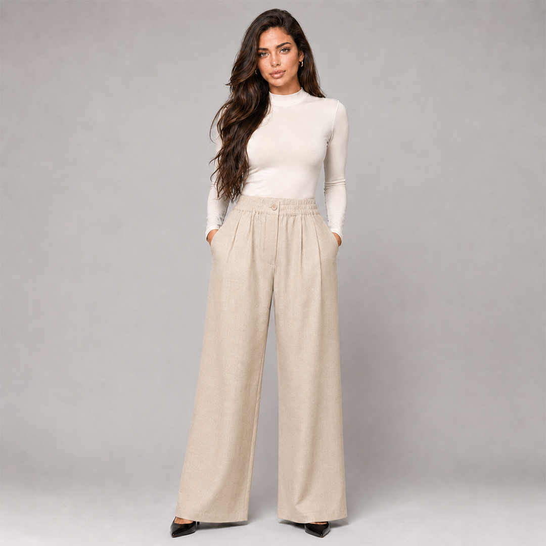 Pleated Wide-Leg Trousers - Beige