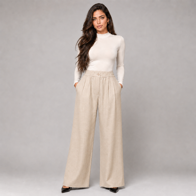 Pleated Wide-Leg Trousers - Beige