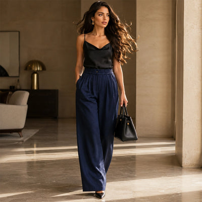 Pleated Wide-Leg Trousers - Deep Navy