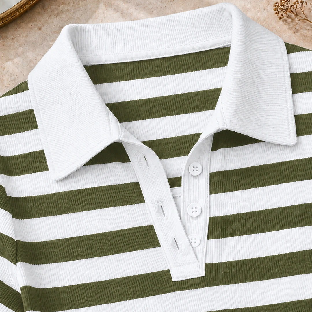 Striped Polo T-Shirt - White & Olive
