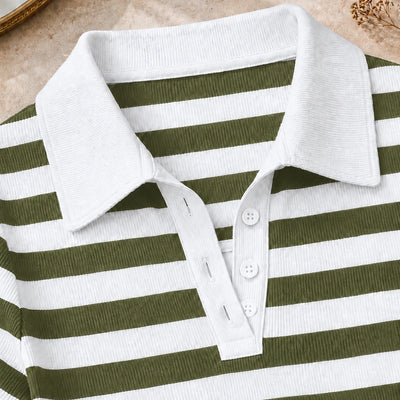 Striped Polo T-Shirt - White & Olive