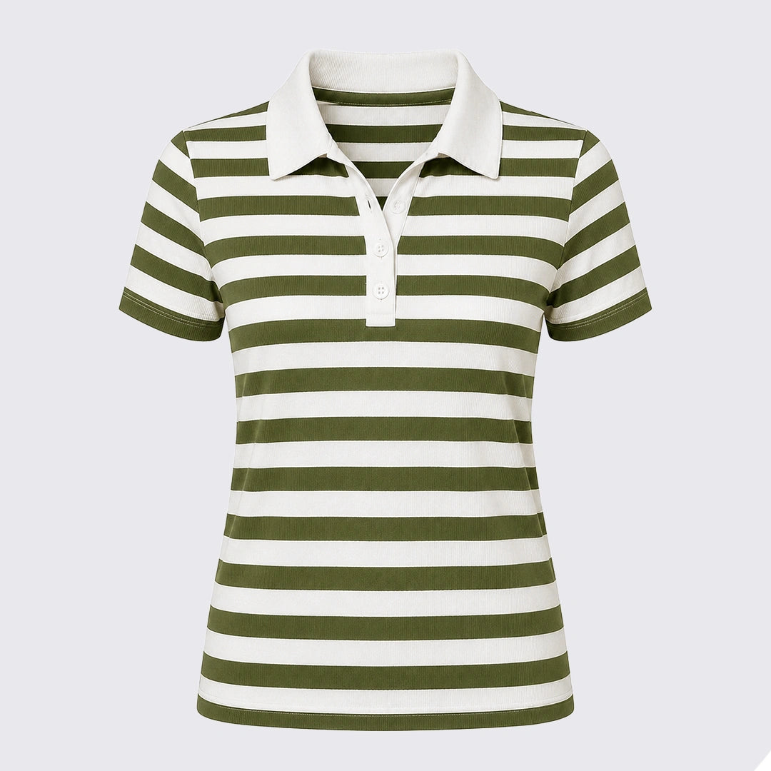 Striped Polo T-Shirt - White & Olive